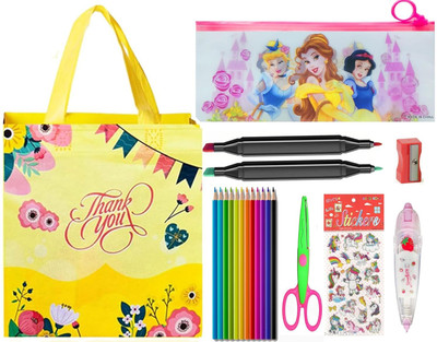 KELOSK Cartoon Theme School Stationery Gift Set for Kids Birthday Gift Party Favor Gift School Kit Pouch Pencil Case Geometry Box with Stationeries Rakhi Gift for Girls Art Artificial Leather Pencil Box(Set of 1, Multicolor)