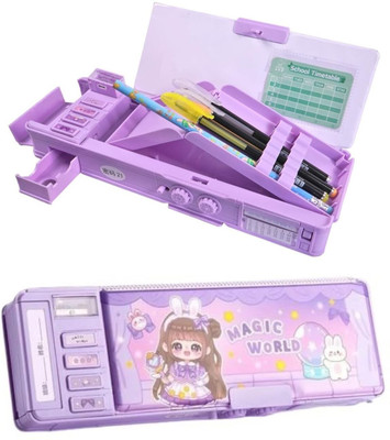 Zahira Multifunctional Password Lock Double Sided Compass Box for Kids Magic World Art Plastic Pencil Box(Set of 1, Purple)