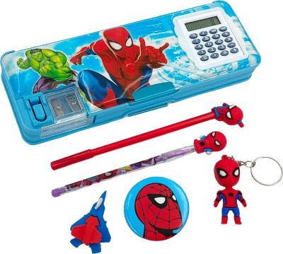 ZAYDANIC Inbuilt Calculator and Sharpener Pencil Box with Accessories for Kids Spiderman Art Plastic Pencil Box(Set of 6, Multicolor)
