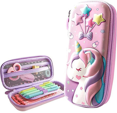 JELLIFY 3D Case Stationery , Cosmetic Zip Pouch Bag For Girls Unicorn Art EVA Pencil Boxes(Set of 1, Pink)