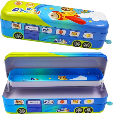 poksi Double decker Sky travel Pencil Box with Pulling Thread and Moving wheels |Sky Travel City Bus Pencil Box Art Metal Pencil Box(Set of 1, Pink)