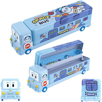 JOY MAKER Kids' Magic Space Bus Pencil Box with Moving Tyres and Built-In Sharpener School Geometry Box in Bus Shape for Boys & Girls Art Metal Pencil Box(Set of 1, Light Blue)