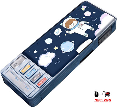 JOY MAKER Quality Multi Compartment Button Operated Cat Pencil Box For Kids Astranaut Art Plastic Pencil Box(Set of 1, Dark Blue)