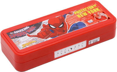 SKI Puzzle Plastic Pencil Box With Puzzle game And Number Lock Avengers, Spiderman Art Plastic Pencil Box(Set of 1, Red)