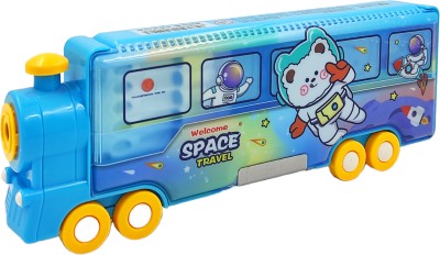 Johnnie Boy Train Shape Pencil Box with Space Theme | Sturdy movable Wheels | Toy Train Unicorn Pencil Box | Inbuilt sharpener Art Plastic Pencil Box(Set of 1, Blue)