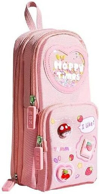 QXR Canvas Pencil Case 3Compartment Cute Pencil Case For Girls Large Capacity Pouch Pink Design Art Canvas Pencil Box(Set of 1, Pink)