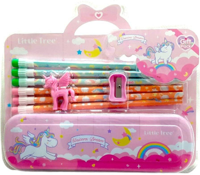 ANSTONIA Little Tree Stationery Set Unicorn Art Metal Pencil Boxes(Set of 1, Pink)