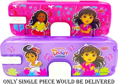 poksi Dora Pencil Box for Kids with torch light | Dora Pencil Box with 3D stickers| Best return gift Art Plastic Pencil Box(Set of 1, Pink, Purple)
