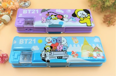 Paper Bear BTS BT21 Art Plastic Pencil Boxes(Set of 2, Light Blue, Purple)