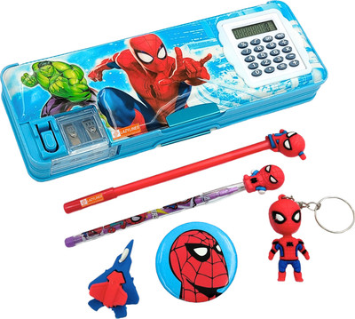 LAZYLINES Spiderman Pencil Box Inbuild Sharpener and Calculator With Dual Compartment Magnetic Lock with Stationery Set for Kids Art Plastic Pencil Box(Set of 6, Blue)