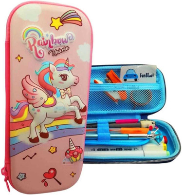 AAHANSHOPPE UNICORN EMBOSSED HARD 3 LAYER STATIONARY POUCH UNICORN EMBOSSED Art Canvas Pencil Box(Set of 1, Pink, Purple)