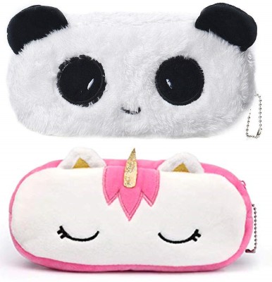 Mistazzo Panda Fur and Unicorn Soft Plush Pencil Box Pouch Makeup Bag For Girls Kids Panda Art Polyester Pencil Boxes(Set of 2, White, Pink)