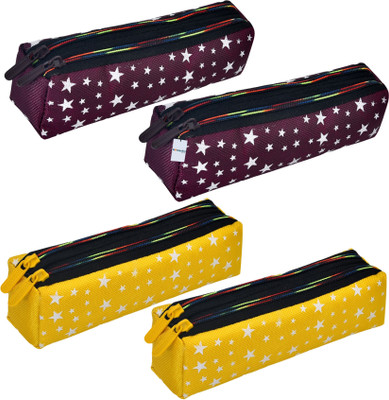 HOMESTIC Pencil Pouch Star Printed Art Canvas Pencil Boxes(Set of 4, Maroon, Yellow)