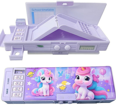 Zahira Multifunctional Password Lock Double Sided Compass Box for Kids Unicorn Art Plastic Pencil Box(Set of 1, Purple)