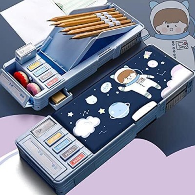 WECAN FASHION TRENDING HOT SELLING Heavy Quality Made Ideal For Boys&Girl Stationery Organizer Astronaut Spaceman Design Multi Layer Multiple Buttons Plastic Compass Box Art Metal Pencil Box(Set of 1, Blue)