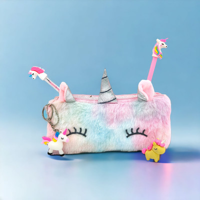 ZAYDANIC Unicorn Designed Feather Pouch With Accessories For Kids. Unicorn Attractive Art Art Canvas Pencil Box(Set of 5, Pink)