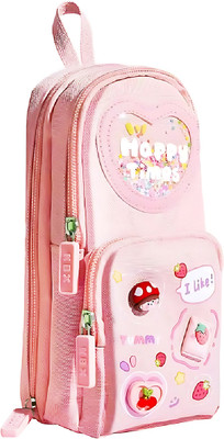 aaryaecommerece Premium Pouch 6 Layer and 3 Compartment with Large Capacity Pouch Art Polyester Pencil Boxes(Set of 1, Pink)