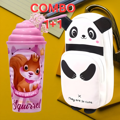 HAPPY SHOPPING STORE High-quality Digital Panda pencil case with Two compartments pencil pouch & Plastic Water Bottle with Straw Leak-Proof Design Art Artificial Leather Pencil Boxes(Set of 2, Pink, White)
