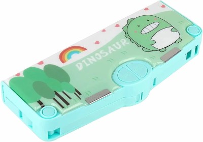 PEACORA 4 button pencil compass Magnetic Pencil Case with Sharpener Green Dinosaur Pencil Box 4 button with accessories Art Plastic Pencil Box(Set of 1, Green)