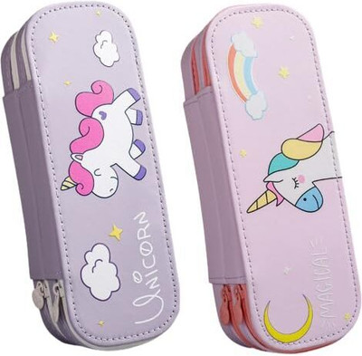 Akvanar Unicorn Double layer pencil Pouch Unicorn Art Canvas Pencil Box(Set of 1, Multicolor)