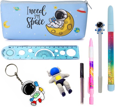 TITIRANGI Space Pencil Case Pencil Pouch for Kids Party Favour Gift with Pen pencil eraser scale & Key Chain for Kids Astronaut theme Birthday Return Gift Set for Boys Art Artificial Leather Pencil Box(Set of 1, Light Blue)