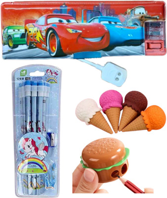 KALRA MAGIC 1Pc Light Car Pencil Box 4Pcs 3D Erasers12 Pcs Pencils Set & 1 Burger Calculator Art Plastic Pencil Box(Set of 1, Blue)