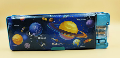 Paper Bear Astronaut Space Universe Galaxy LED Light Pencil Box Art Polyester Pencil Box(Set of 1, Light Blue)