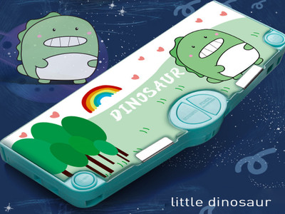 Bafli Magnetic Pencil Box for Kids with Automatic Buttons Dinosaur Theme Art Plastic Pencil Box(Set of 1, Green)