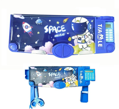 ARNIYAVALA Multifunctional School Pencil Box with Calculator Space Cartoon Compass Geometry Box(Blue)