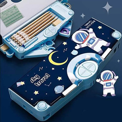 URBANHUDA HOT SELLING TRENDING HEAVY QUALITY MADE IDEAL FOR BOYS&GIRL STATIONERY ORGANIZER SPACEMAN ASTRONAUT THEME MULTI LAYER MULTIPLE BUTTONS PLASTIC COMPASS BOX Art Metal Pencil Box(Set of 1, Blue)