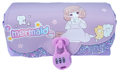 TECHNOCHITRA Cute Angel Printed Glittery Number Lock Password Art Artificial Leather Pencil Box(Set of 1, Purple)