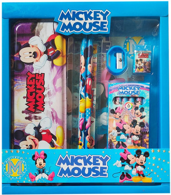 spartone Mickey Mouse Art Designed School Set For Kids Mickey Mouse Designed Art Metal Pencil Box(Set of 7, Light Blue)