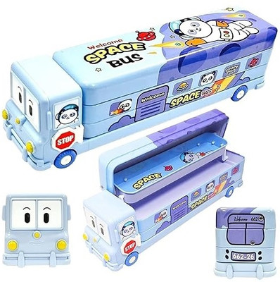 ZAKURA Bus Shape Space theme Bus shape geometry Art Plastic Pencil Box(Set of 1, Blue)