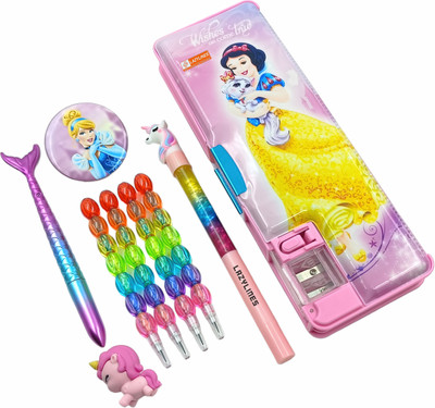 LAZYLINES Princess Pencil Box Inbuild Sharpener and LED Lamp Light with Dual Compartment Magnetic Lock with Stationery Set for Girls Art Plastic Pencil Box(Set of 9, Pink)