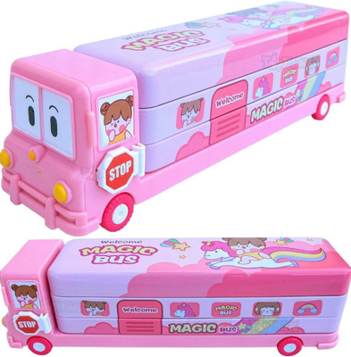 Saputra Magic Bus Shaped Pencil Box Metal Geometry Box Moving Tyres and Sharpener Bus Shaped Art Metal Pencil Box(Set of 1, Pink)