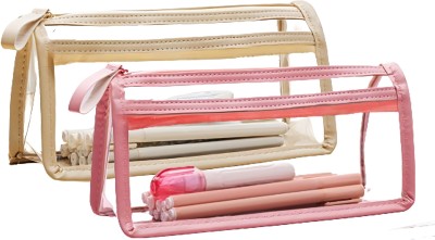 TavishBaby Pencil Pouch Perfect for School, Transparent Stationery Pouch College Clear Art Polyester Pencil Boxes(Set of 2, White, Pink)