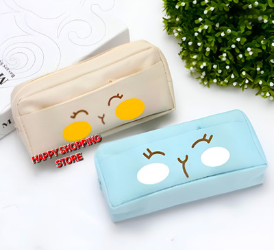 HAPPY SHOPPING STORE Large Capacity Pencil Case Pouch Office College School Pencil Cases Pen Pencil Stationery Pouch for Big Capacity Pouch Case Multiple Compartment Pencil Pouch Art Artificial Leather Pencil Boxes(Set of 2, White, Blue)