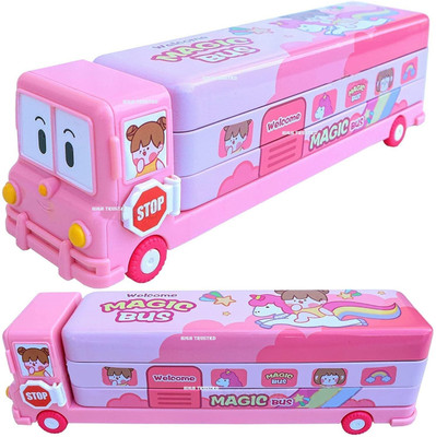 Devam School Bus Metal Pencil Box With Moving Tyres And Sharpner For Kids Cartoon Printed Art Metal Pencil Box(Set of 1, Pink)