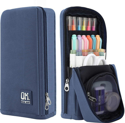 SYGA Standing Pencil Case Large Capacity Pen Bag, Polyester Pencil Bag Storage Box Simple Art Polyester Pencil Box(Set of 1, Blue)