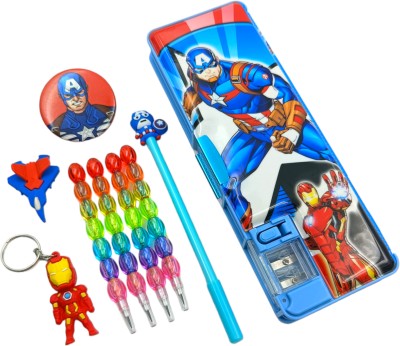 tishna Avenger Pencil Box Magnetic Lock, Dual Compartments, Stationery School Kit, Pencil Case Inbuild LED Light & Sharpener for Boys, Kids, Students Art Plastic Pencil Box(Set of 9, Blue)