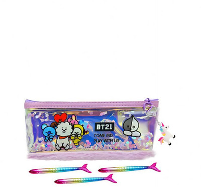 K3NTERPRISES Shimmer Mermaid Glitter Pouch with Unicorn Keychain Kids Gift Combo cartoon Art Polyester Pencil Box(Set of 5, Multicolor)