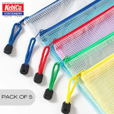 Kebica Multipurpose Waterproof Zipper Pouches Document Holder/Pen Pencil Net Zipper Pouch Art Plastic Pencil Boxes(Set of 5, Multicolor)