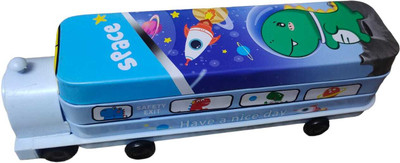 PW PENCILWALA Compass & Geometry Box Three Compartment Bus with Moving Tyres Metal Pencil Box SPACE THEME BOX Art Metal Pencil Box(Set of 1, Light Blue)
