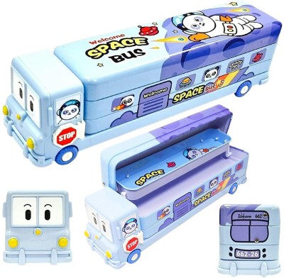 SPOT HUNT School Bus Shape Pencil Box Metal Geometry Box for Kids with Moving Tyres (Blue) School Bus Art Metal Pencil Box(Set of 1, Blue)