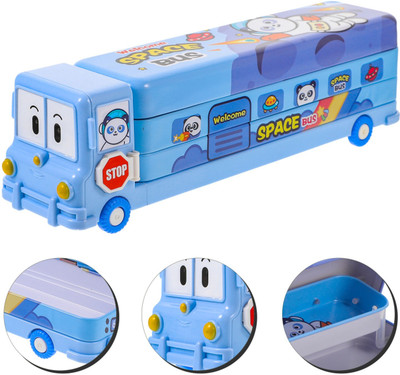 Tlismi Fancy Dream Space Styled Double Decker 3 Compartments Bus Shape Pencil Case Space Art Metal Pencil Box(Set of 1, Blue)