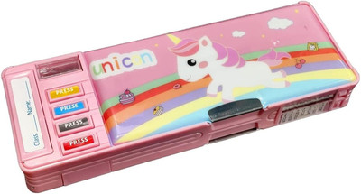 JOY MAKER TRENDING RECOMMENDED Heavy Quality Made Ideal For Girls Stationery Magical Baby Unicorn Theme Multi Layer Multiple Buttons Metal Compass Box Art EVA Pencil Box(Set of 1, Pink)
