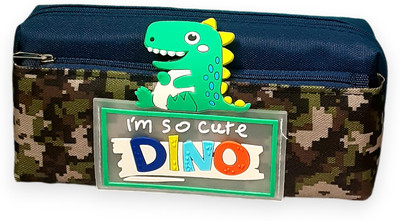 Tlismi Cute Dinosaur Styled Camouflage Printed Zipper with 2 Layer Pencil Pouch Cartoon Art Canvas Pencil Box(Set of 1, Blue)