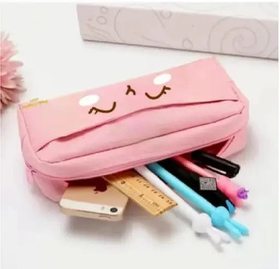Ayushman Enterprise Pencil Pouch/Box 2 Zipper Pockets cat shape Art Artificial Leather Pencil Box(Set of 1, Pink)