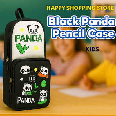 HAPPY SHOPPING STORE Black Panda Kids Pencil Case | Large Capacity 2-Layer School Pouch | Durable Zip Closure | Cute Cartoon Design for Boys & Girls Art Artificial Leather Pencil Box(Set of 1, Black, White)