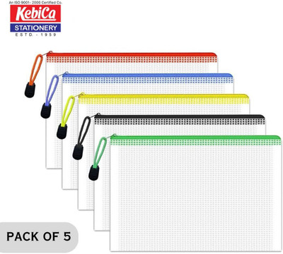 Kebica Multipurpose Waterproof Zipper Pouches Document Holder/Pen Pencil A4 Net Zipper Pouch Art Plastic Pencil Boxes(Set of 5, Multicolor)